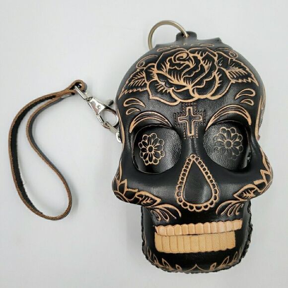 Sugar Skull Leather Wristlet Wallet Handmade Day of the Dead Coin Purse Keychain - Picture 11 of 15